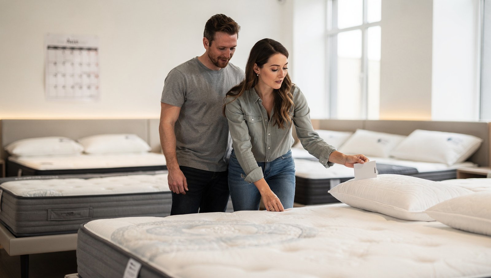 A couple browsing mattresses in a bright mattress store, the woman checking a price tag, wall calendar in the background