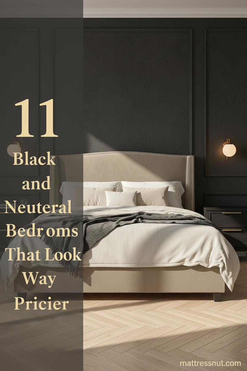 Matte black plaster accent wall behind ivory linen bedding, warm greige walls, honey herringbone parquet, ceramic sconces casting amber light