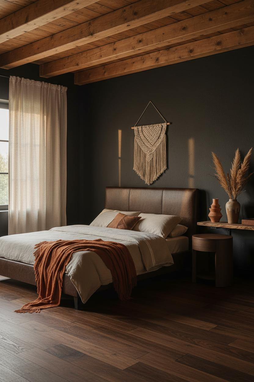 Black Boho Bedroom Charcoal Wood Beams