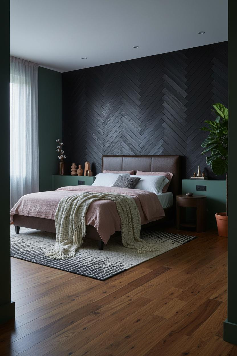 Black Boho Bedroom Herringbone Accent Wall