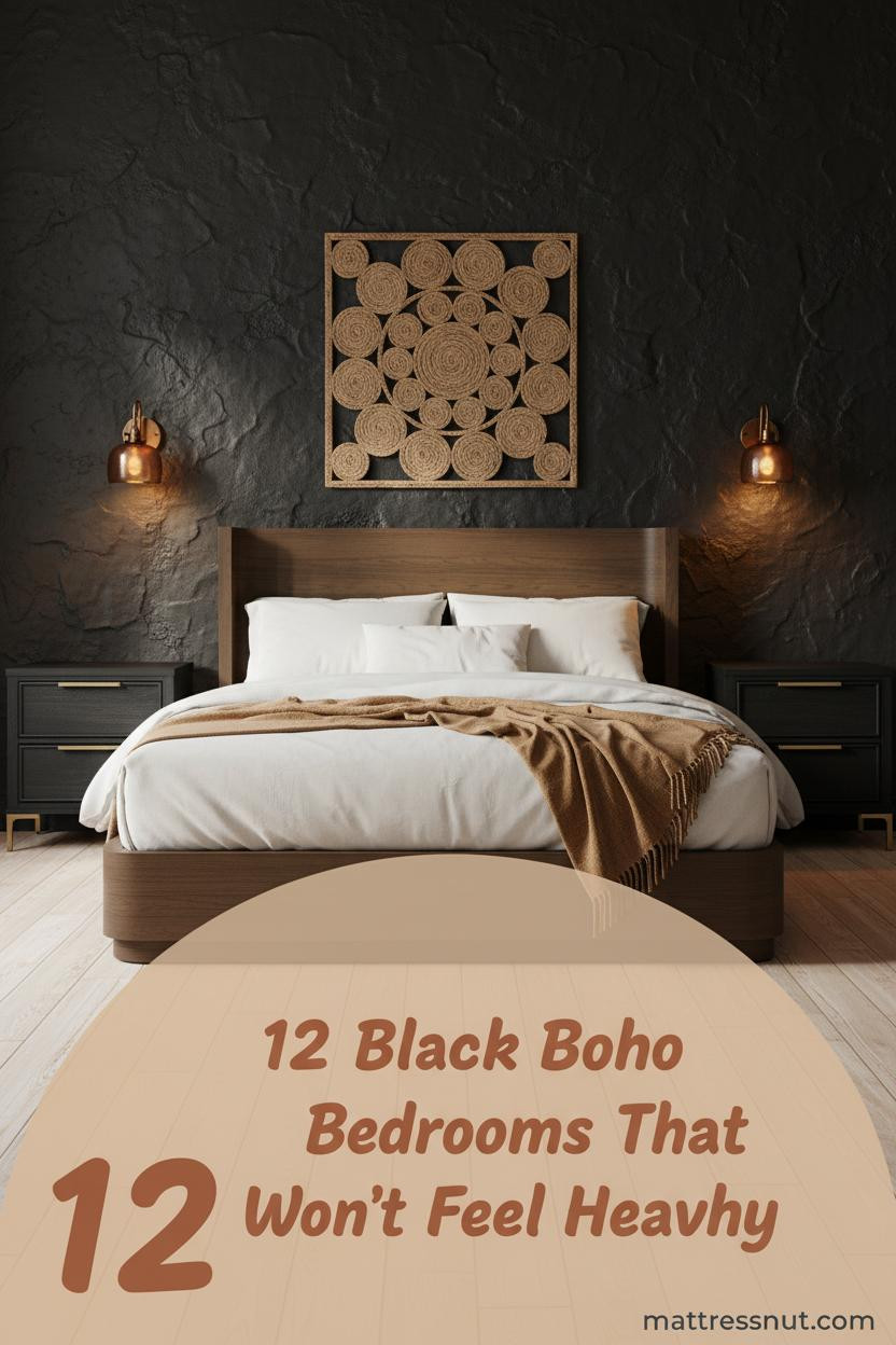 Dark boho bedroom with matte black plaster walls, amber sconces, cream percale bedding, camel wool throw, and natural jute woven panel accent