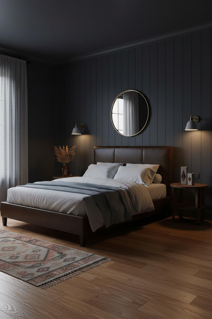 Black Boho Bedroom Indigo Walls Warm Lighting