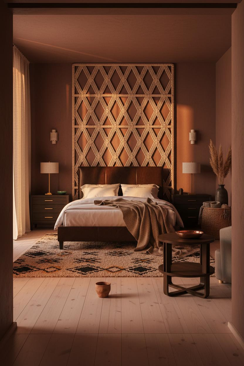 Black Boho Bedroom Jute Panel Warm Lighting