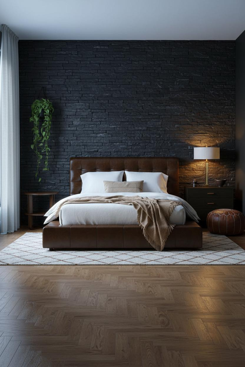 Black Boho Bedroom Slate Accent Wall