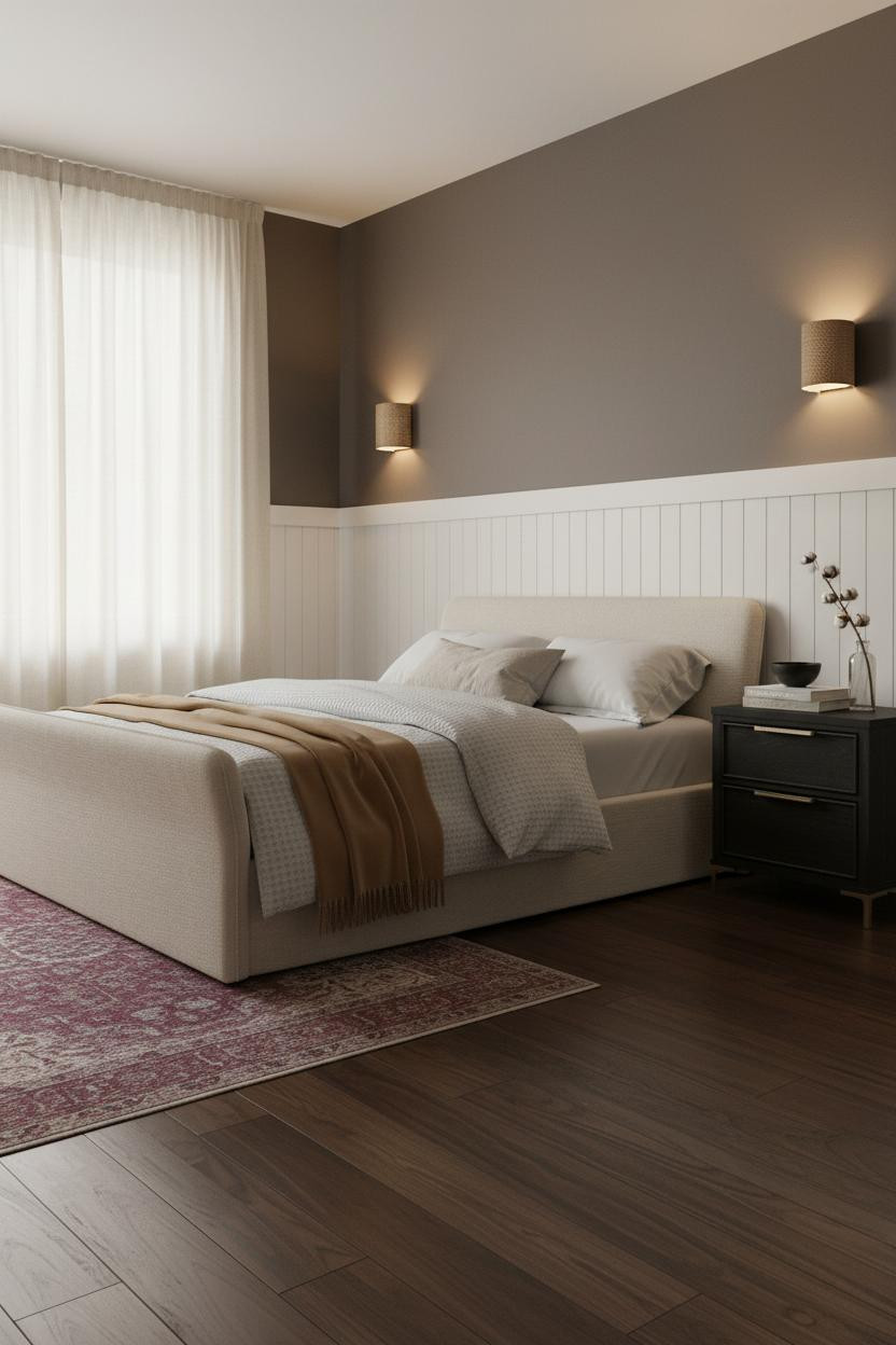 Black Neutral Bedroom Wainscoting Design