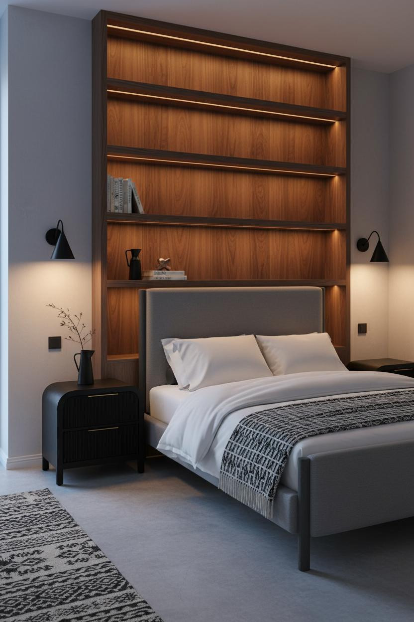 Black Neutral Bedroom Walnut Shelves