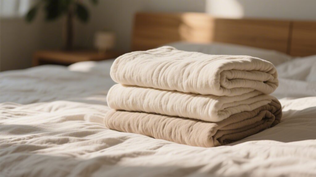 Stacked folded blankets in various sizes on a bed