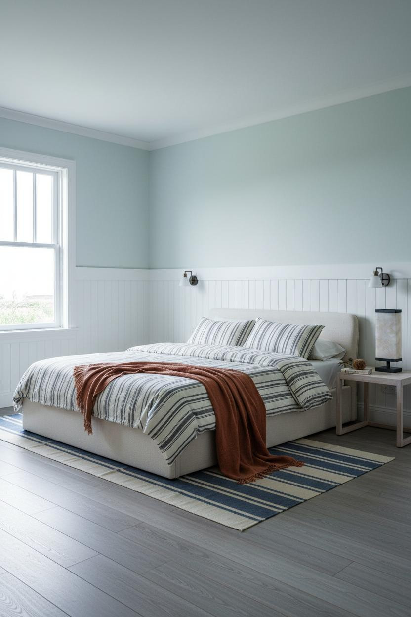Blue Coastal Bedroom Beadboard Wainscoting