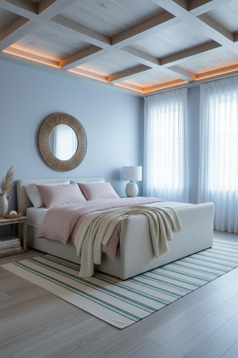Blue Coastal Bedroom Coffered Ceiling