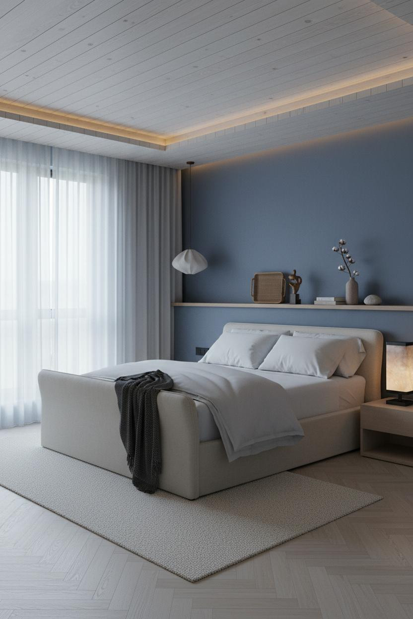 Blue Coastal Bedroom Japandi Master Bed