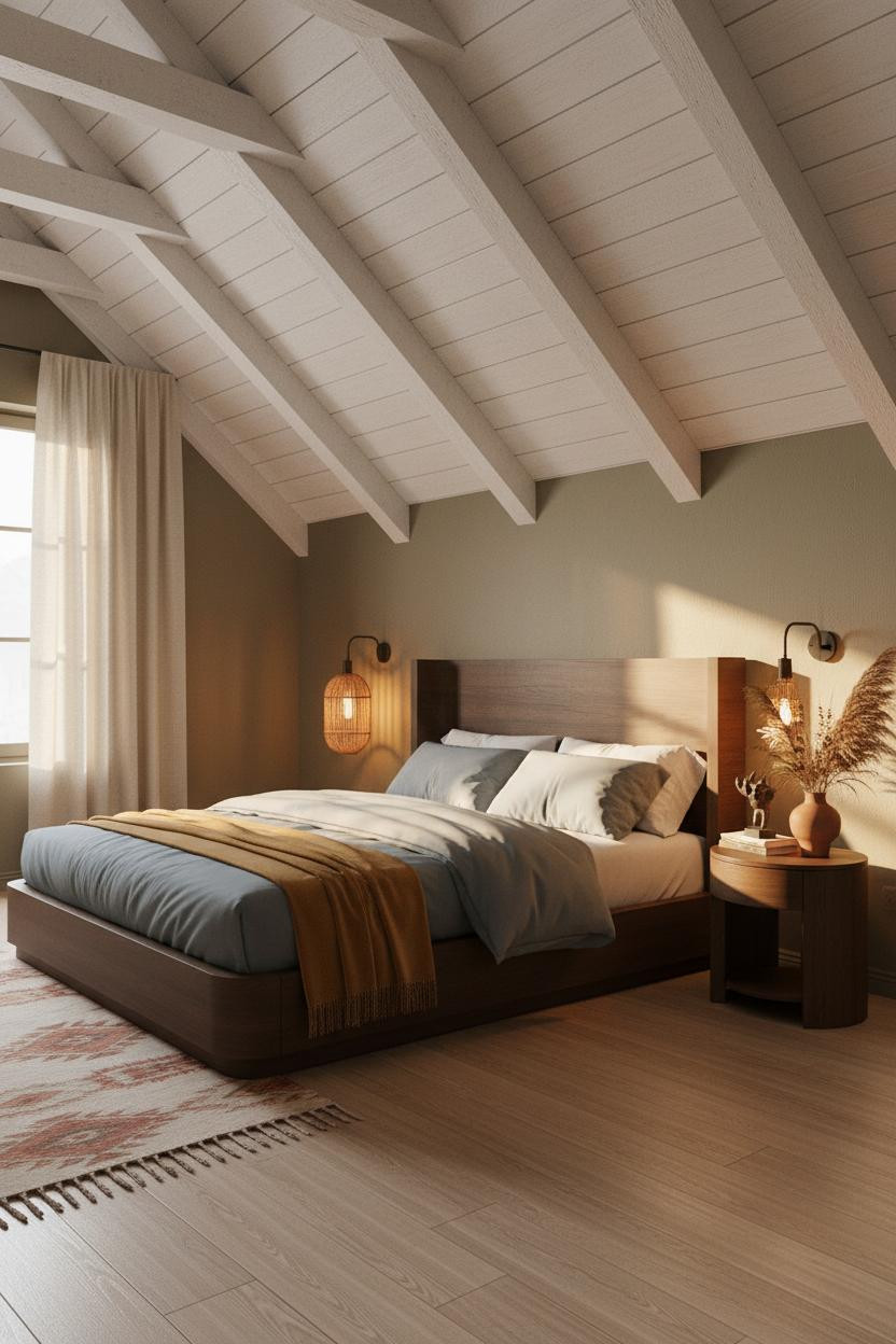 Modern Boho Attic Bedroom Timber Beams