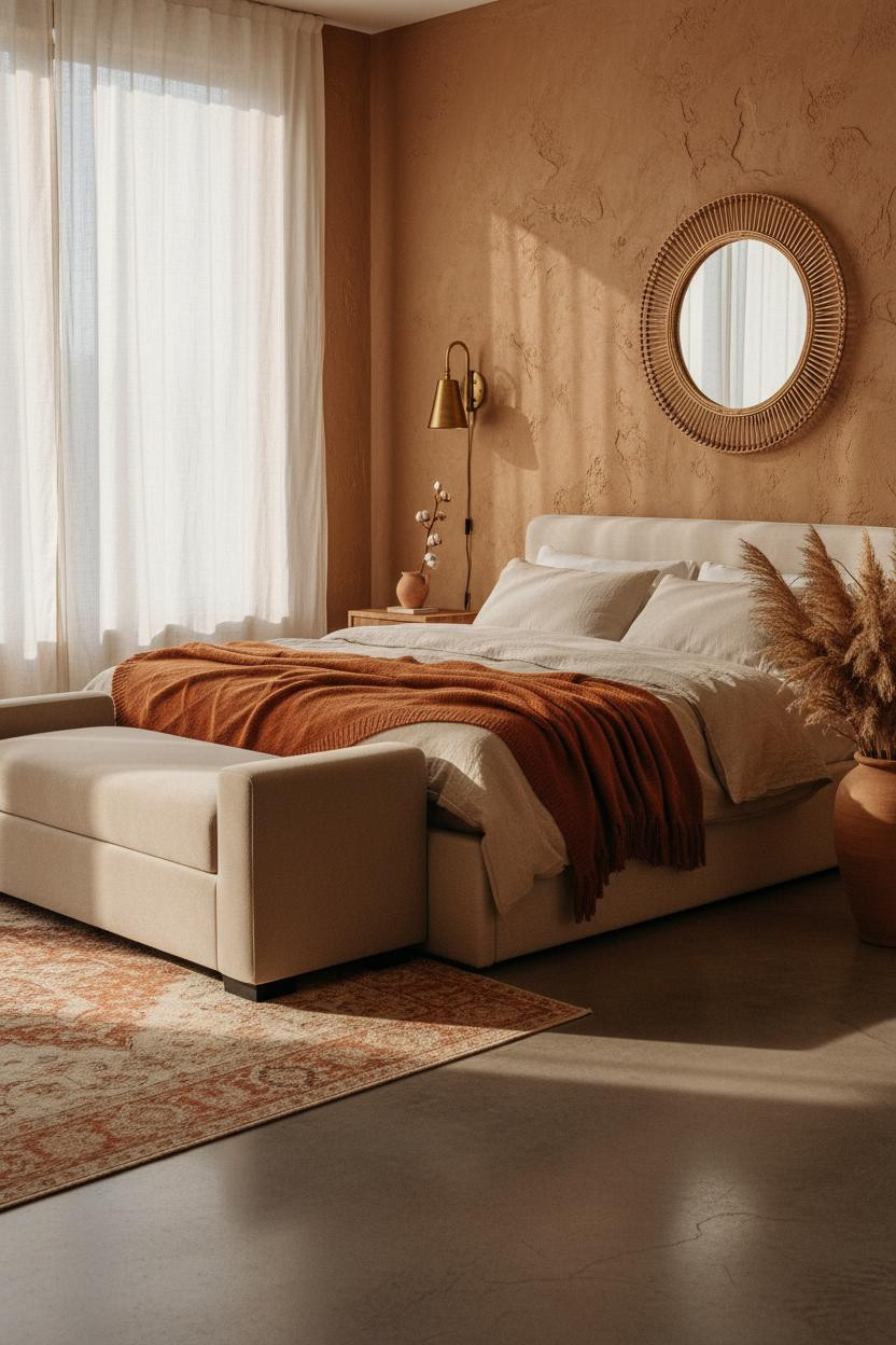 Boho Bedroom Clay Plaster Warm Lighting