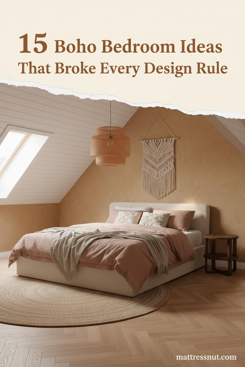 Boho attic bedroom with ochre plaster walls, honey herringbone parquet, dusty rose linen bedding, jute rug, macrame panel, and warm rattan pendant light