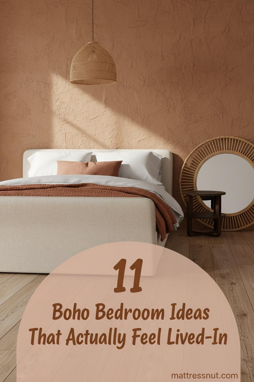 Warm boho bedroom with camel clay plaster wall, reclaimed timber floors, oatmeal linen bedding, rust throw, and rattan mirror leaning casually beside bed