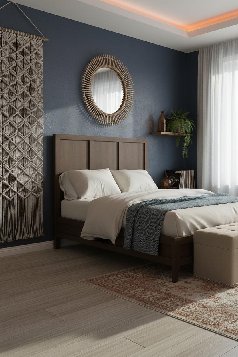 Boho Bedroom Indigo Macrame Rattan Mirror