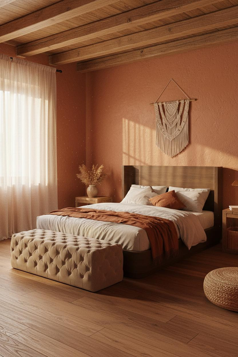 Boho Bedroom Terracotta Wooden Beams