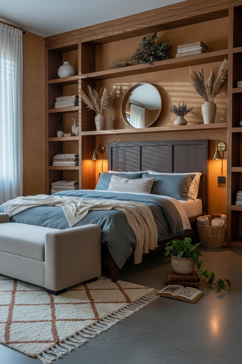 Boho Bedroom Wooden Shelving Earthy