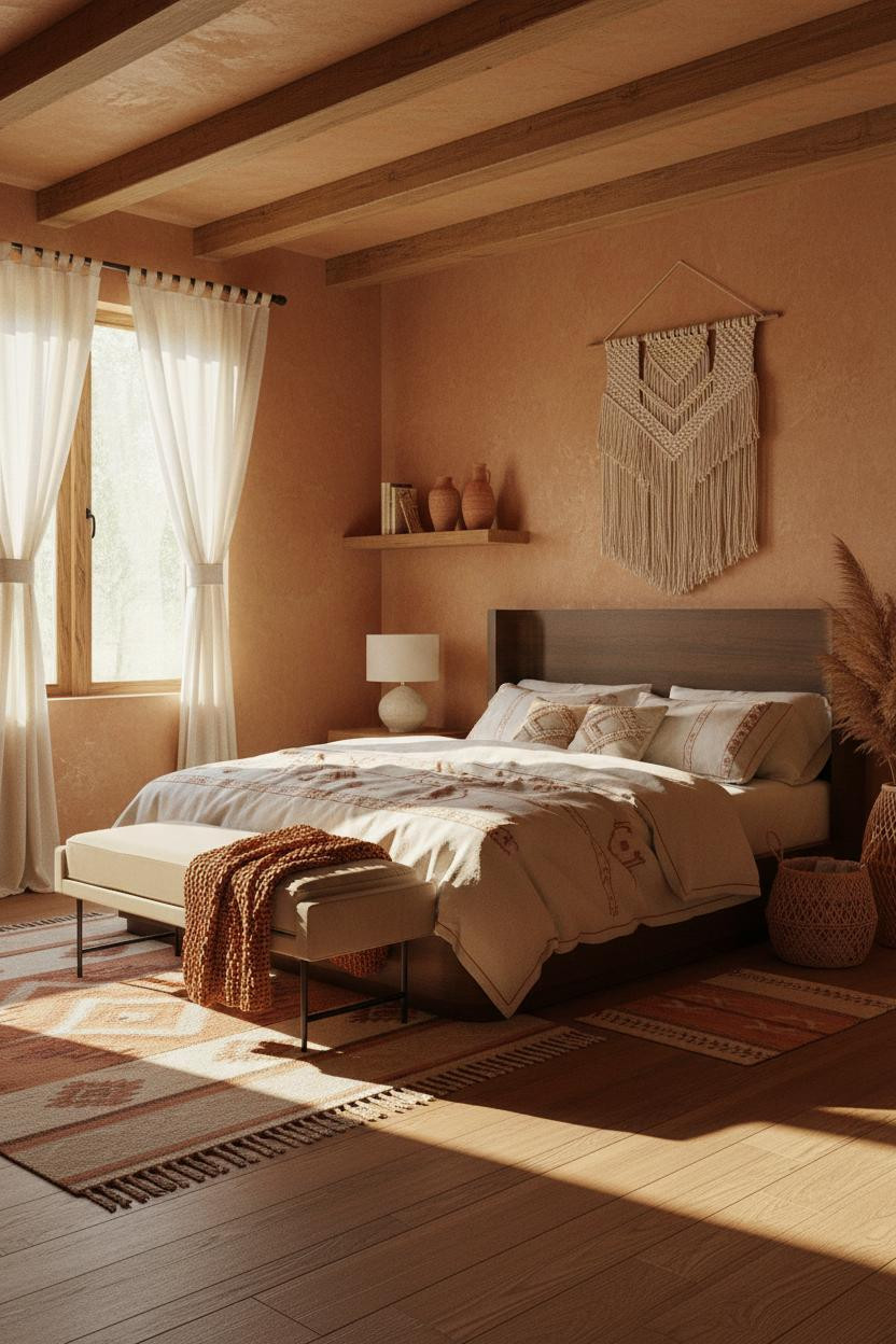 Boho Chic Bedroom Terracotta Plaster Beams
