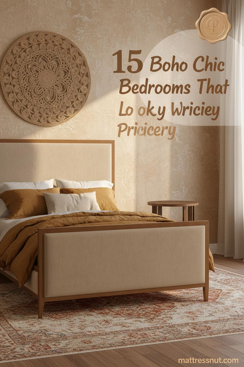 Boho chic bedroom with camel limewash walls, ochre linen bedding, jute wall hanging, and faded Moroccan rug in warm afternoon light