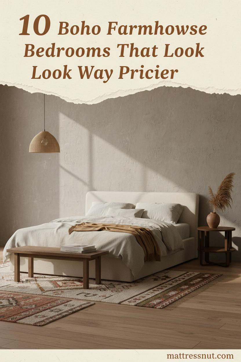 Boho farmhouse bedroom with camel-greige limewash wall, oatmeal linen bedding, pampas stem in clay vessel, and warm afternoon light