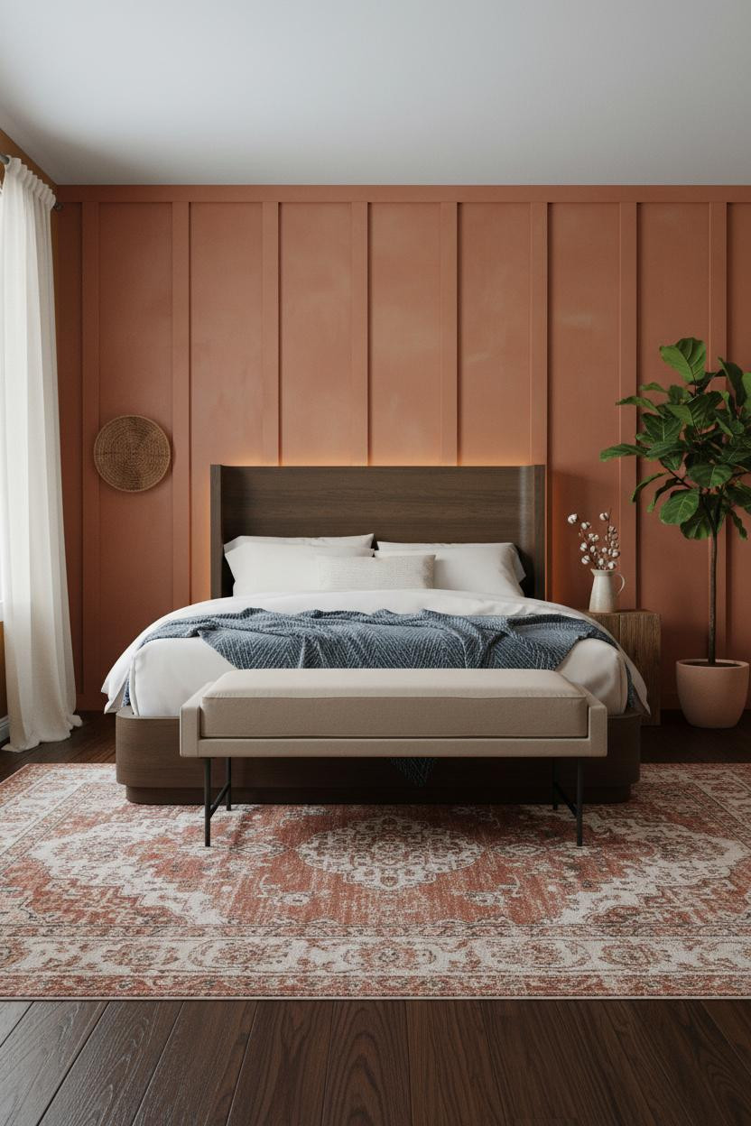 Boho Farmhouse Bedroom Terracotta Board and Batten Walls