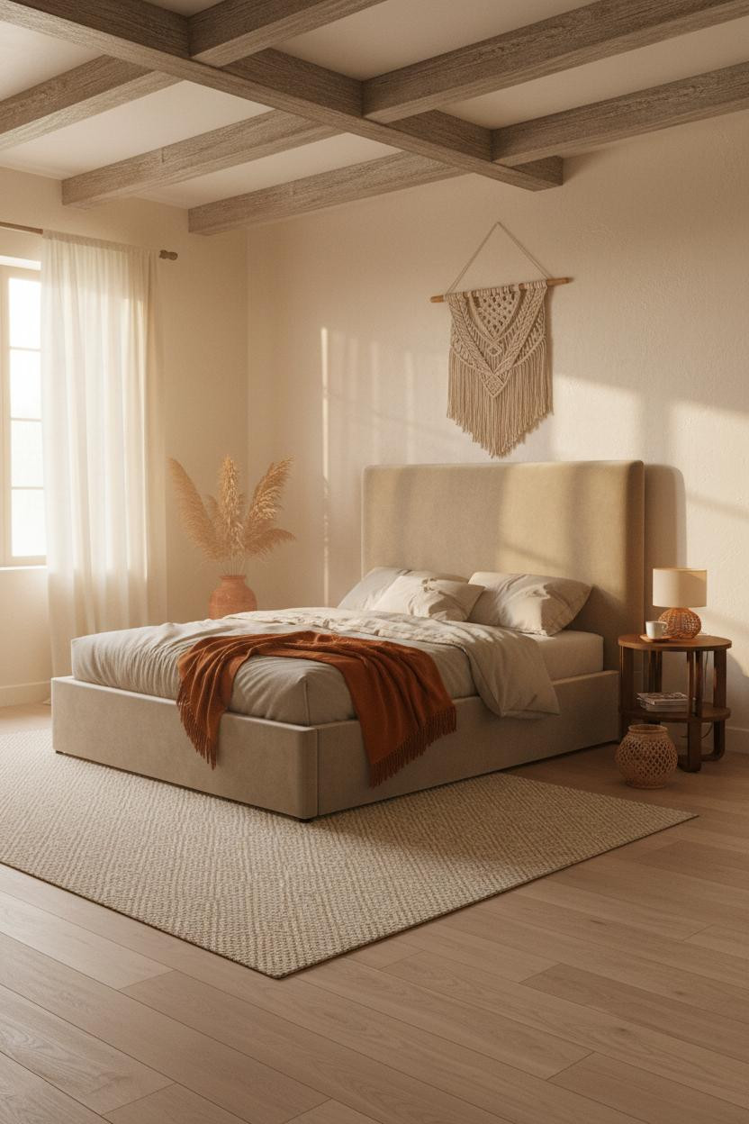 Boho Farmhouse Bedroom Wood Beams Neutral