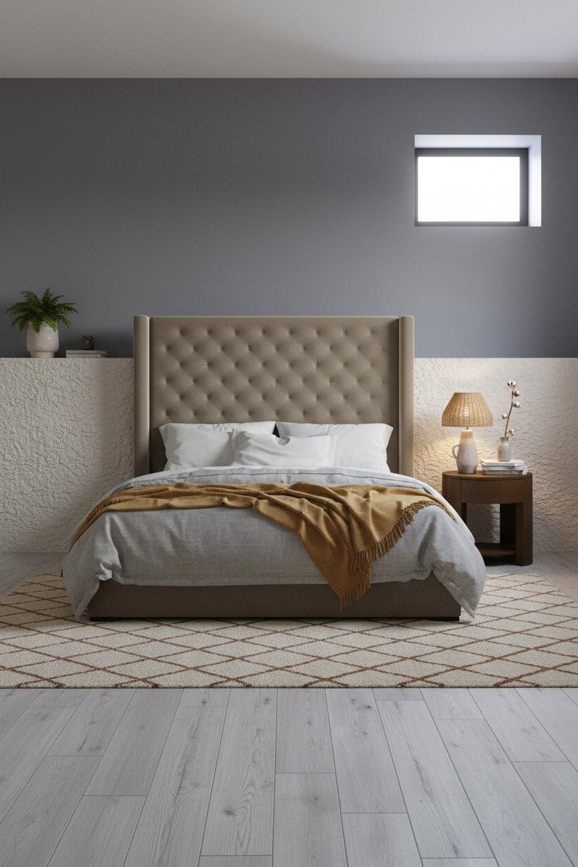 Boho Minimalist Attic Bedroom with Indigo Accent Wall