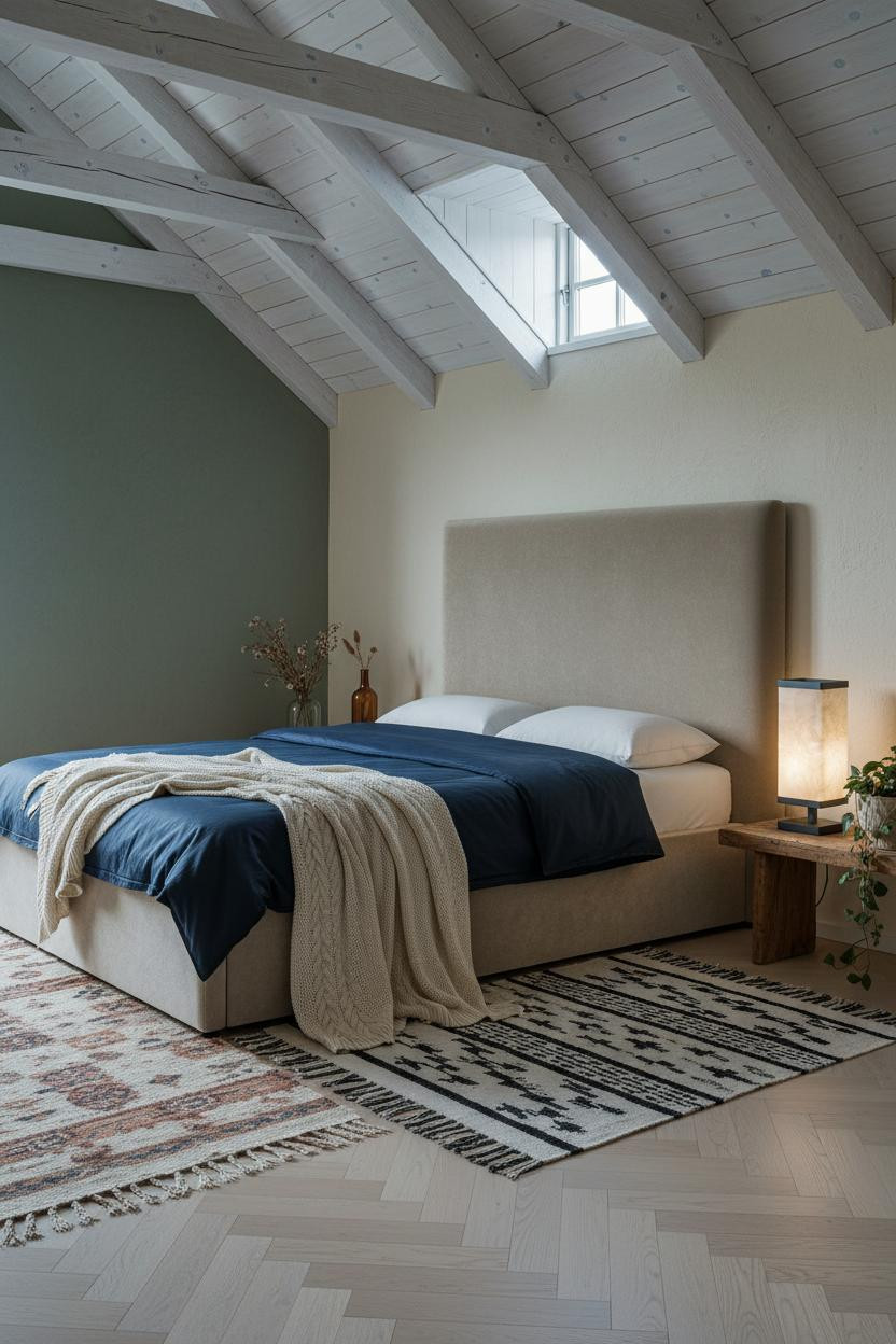 Boho Minimalist Attic Bedroom with Moss Green Accent Wall