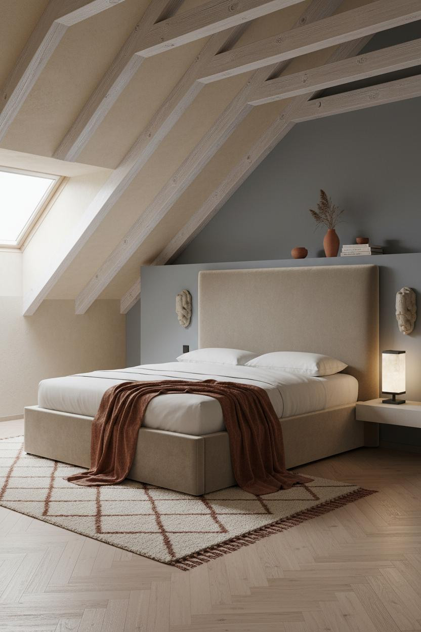 Boho Minimalist Attic Bedroom with Terracotta Accents and Birch Beams