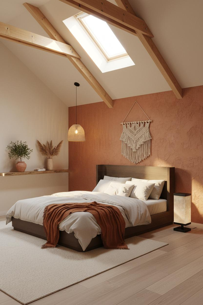 Boho Minimalist Attic Bedroom with Terracotta Accent Wall and Exposed Wooden Beams