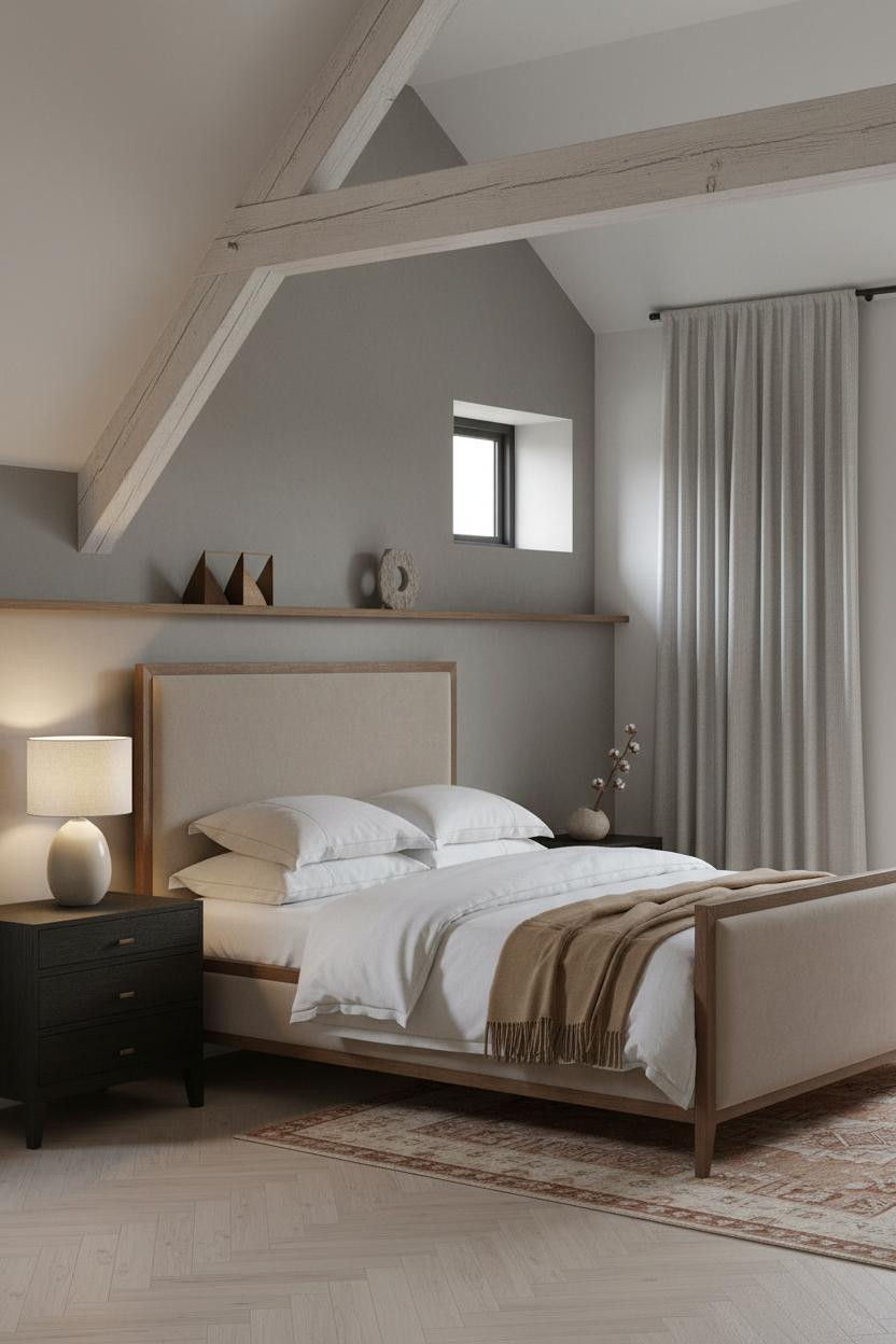 Boho Minimalist Attic Bedroom with Timber Trusses