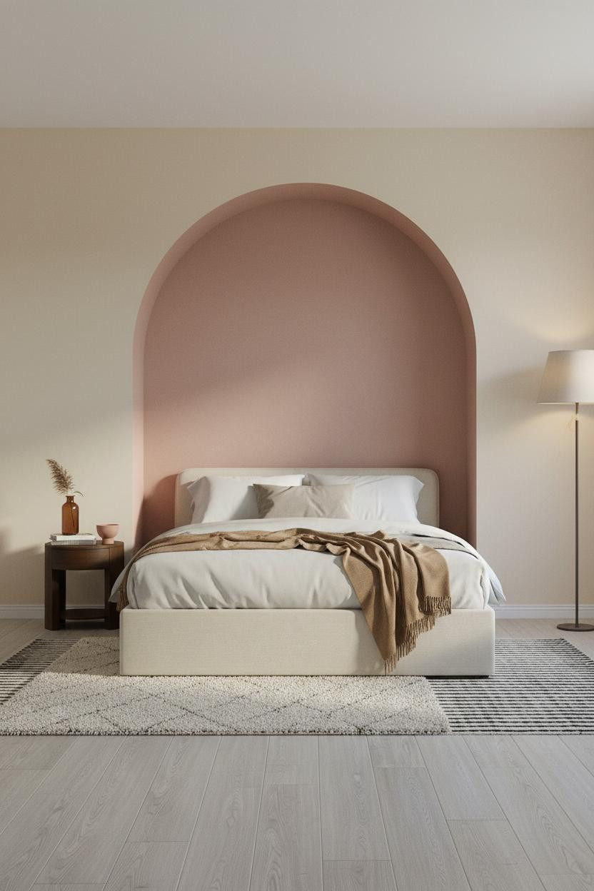 Boho Minimalist Bedroom with Dusty Rose Arched Niche Accent Wall