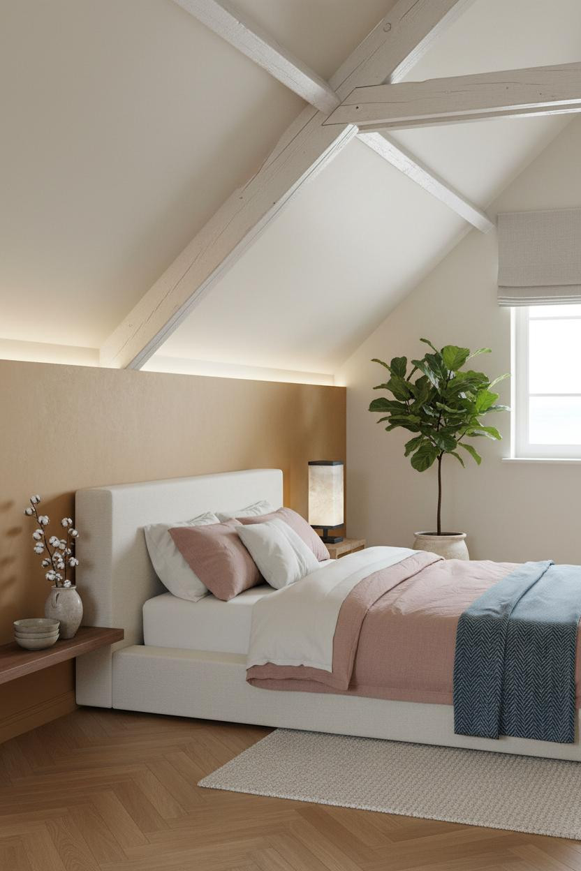 Boho Minimalist Bedroom Attic with Ochre Accent Wall and Whitewashed Rafters