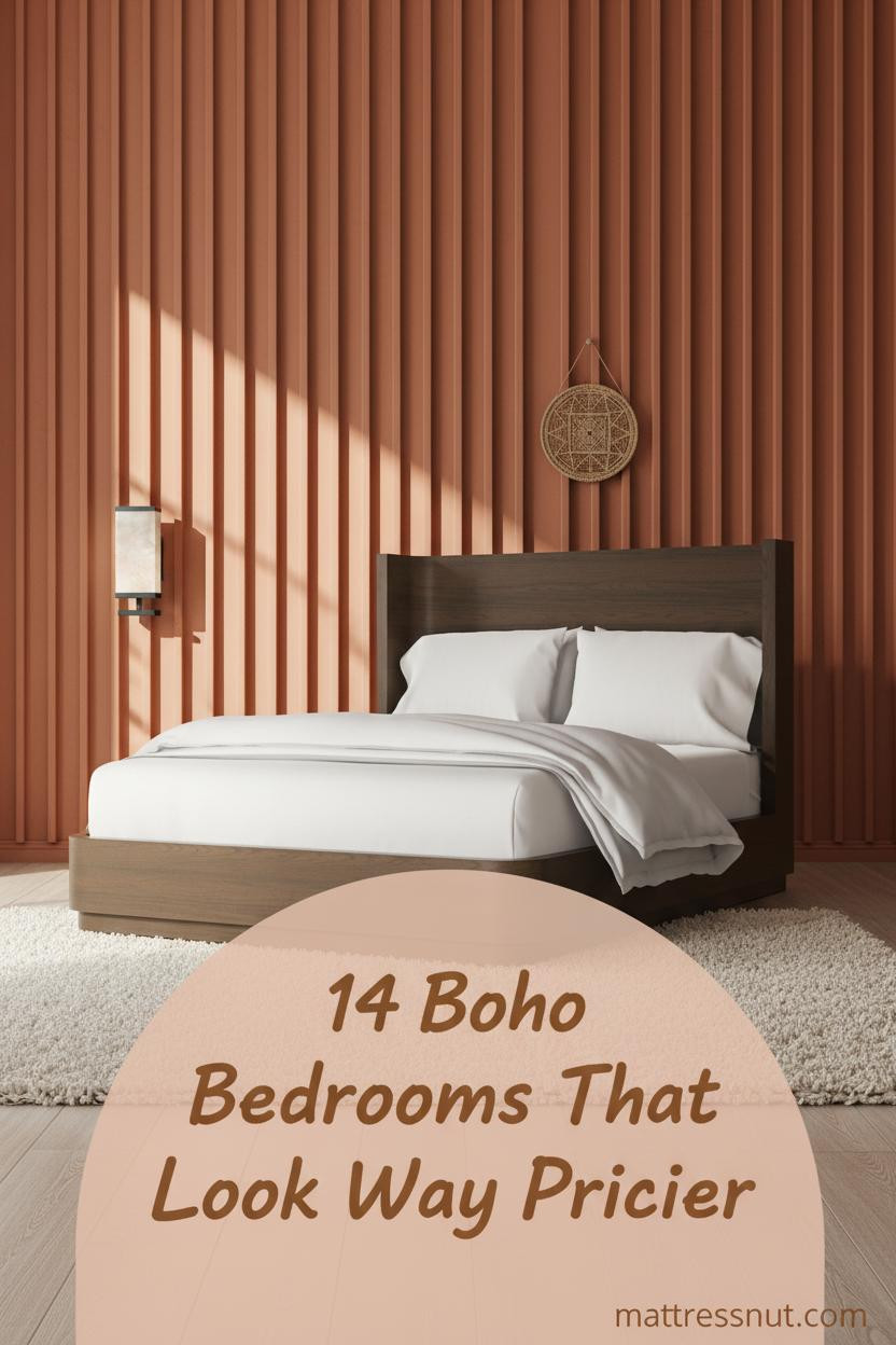 Attic boho minimalist bedroom with terracotta fluted plaster accent wall, bleached oak floors, cream wool rug, brass sconce warm glow