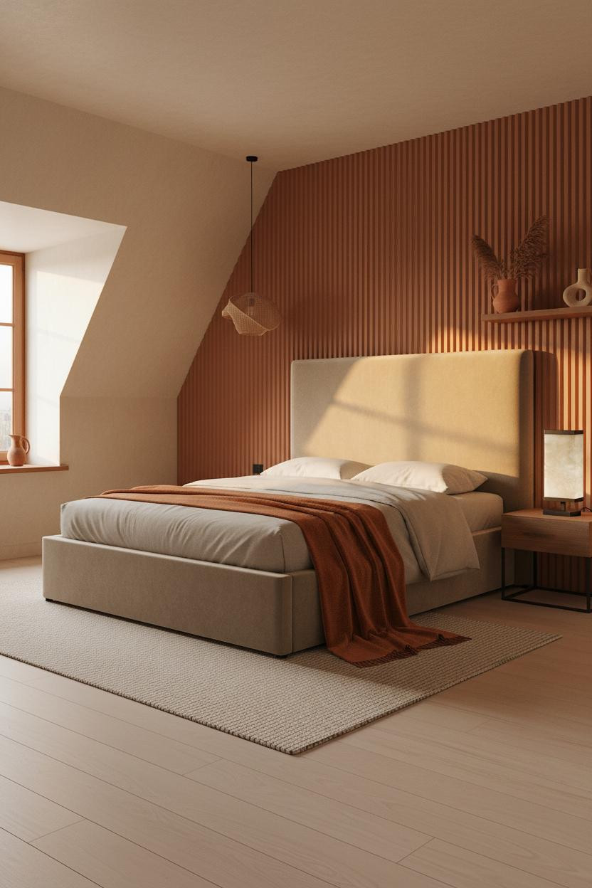 Boho Minimalist Bedroom Terracotta Fluted Accent Wall