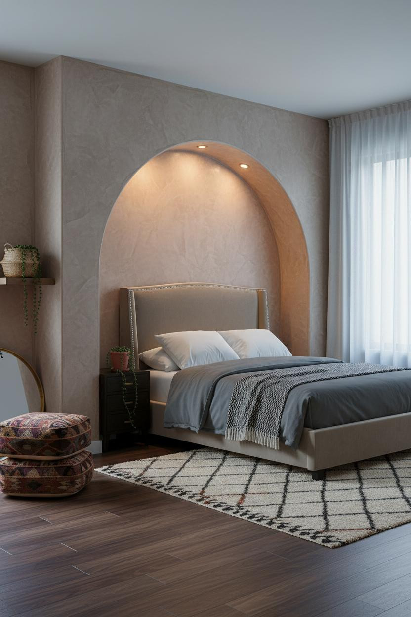 Boho Studio Apartment Arched Niche Japandi