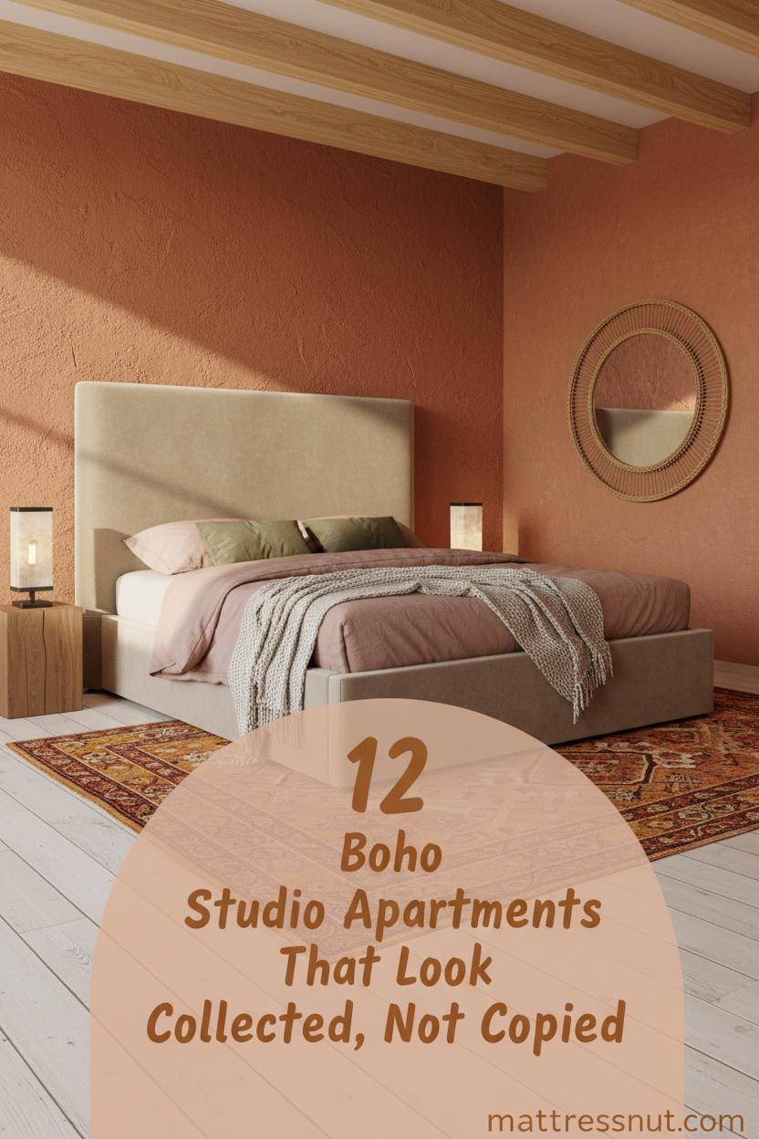 Compact boho studio with burnt sienna plaster walls, kilim rug, dusty pink linen bedding, rattan mirror, and warm filament lamp glow
