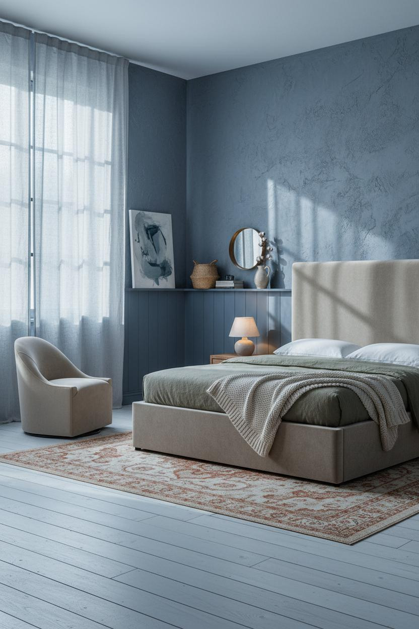 Boho Studio Apartment Indigo Plaster Walls