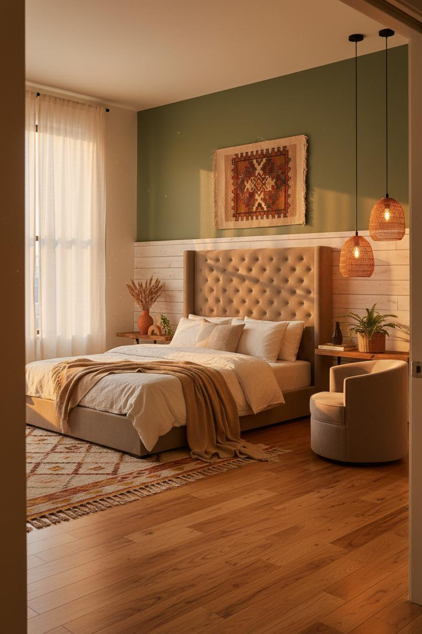 Boho Studio Apartment Wainscoting Moroccan Rug