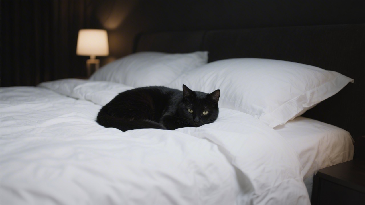 Black cat sleeping on white linen in a dark premium bedroom
