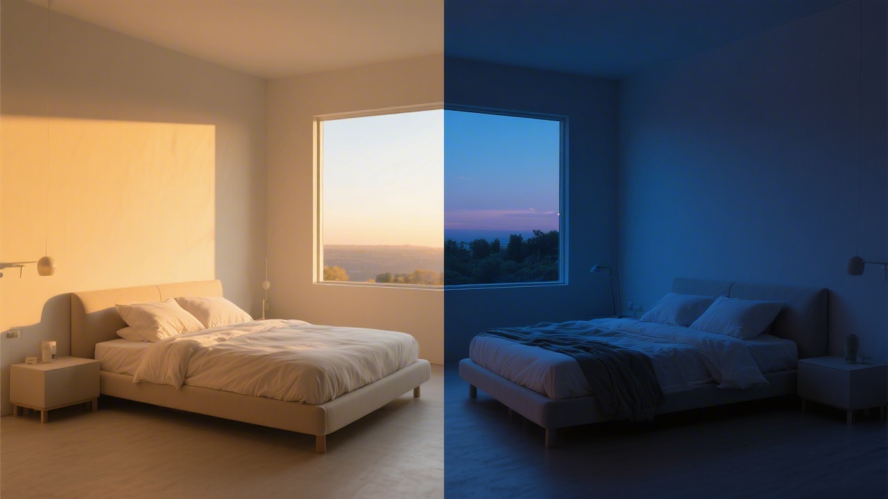 Morning and evening light in bedroom representing different sleep chronotypes