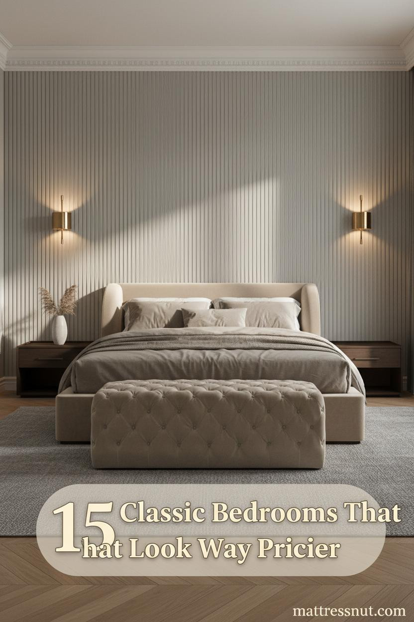 Classic master bedroom with fluted greige plaster walls, honey oak herringbone floors, brushed brass sconces, and stone-washed taupe linen bedding