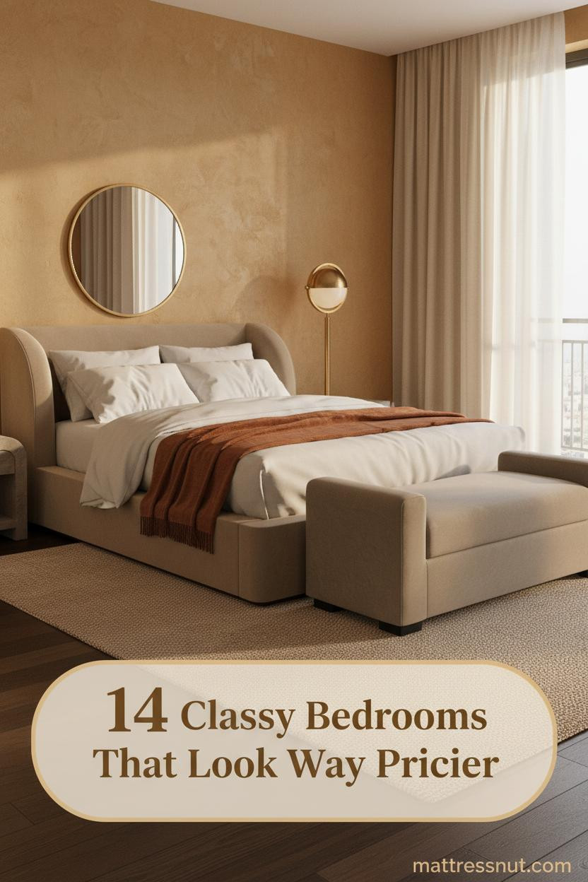 Classy bedroom with warm ochre plaster wall, dark walnut floors, ivory bedding, rust linen throw, brass sconces, and pooling linen curtains