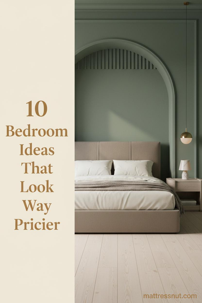 Elegant feminine bedroom with deep sage plaster alcove, ivory percale bedding, herringbone throw, brass sconces, and bleached oak floors