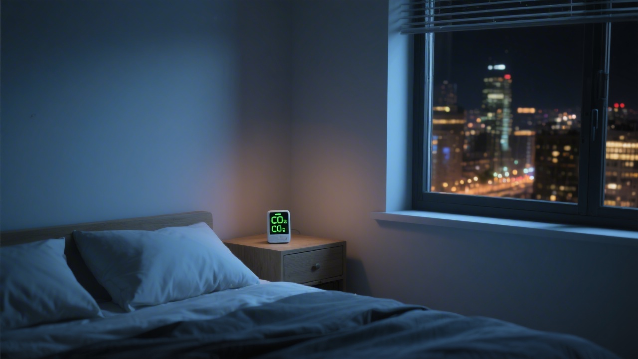 CO2 monitor on bedroom nightstand measuring air quality for better sleep