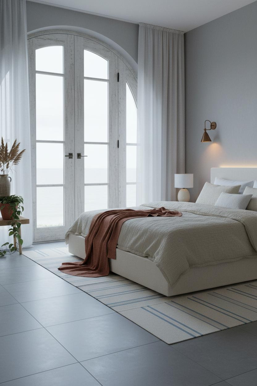 Coastal Bedroom Arched Glass Doors Neutral