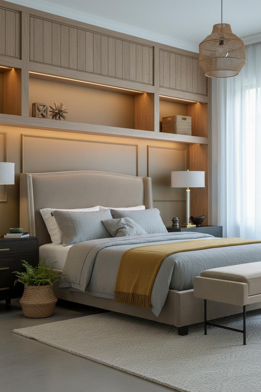 Coastal Bedroom Driftwood Shelving Sage Walls