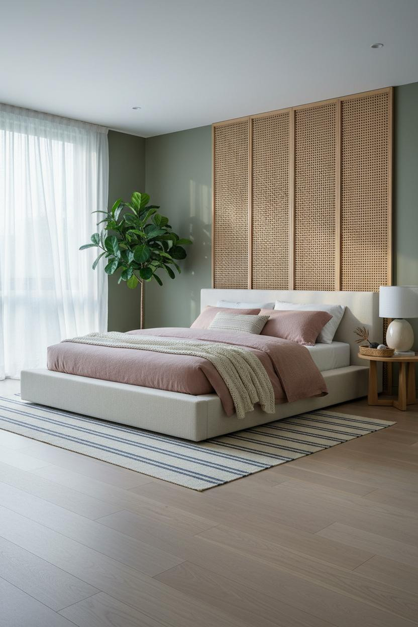 Coastal Bedroom Rattan Headboard Natural Light
