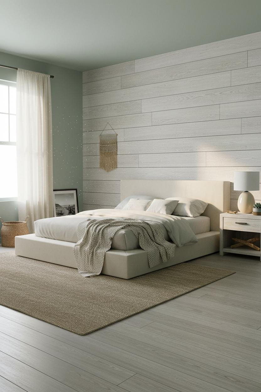 Coastal Bedroom Shiplap Seafoam Jute