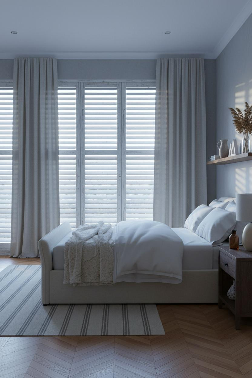 Coastal Bedroom Weathered Shutters Herringbone